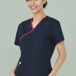 Classic Womens Contrast Crossover Scrub Top - Navy/fuchsia