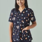 Womens Printed Space Party Scrub Top - Midnight Navy