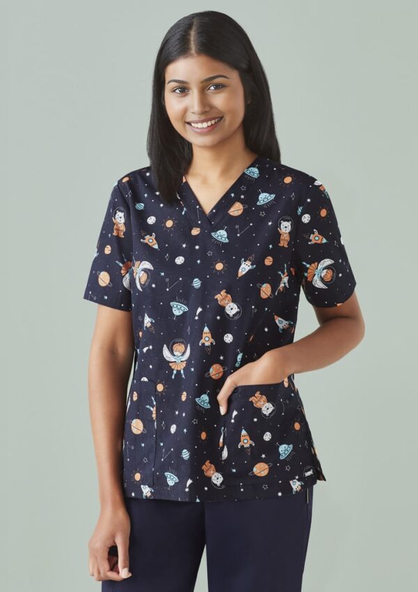 Womens Printed Space Party Scrub Top - Image 10