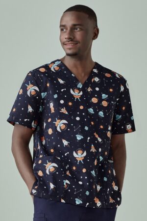 Mens Printed Space Party Scrub Top