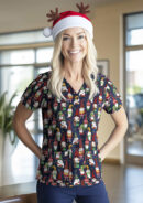 Womens Christmas V-neck Short Sleeve Scrub Top