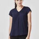 Womens Kayla V-neck Pleat Blouse - Navy