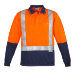 Mens Hi Vis Spliced Long Sleeve Polo - Shoulder Taped - Orange/navy