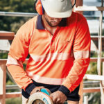 Unisex Hi Vis Segmented Tape Long Sleeve Polo - Orange/navy