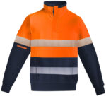 Mens Orange Flame Hi Vis 1/4 Zip Brushed Fleece Pullover - Hoop Taped - Orange/navy