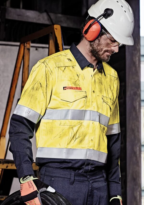 Mens Orange Flame Hi Vis Open Front Spliced Shirt - Hoop Taped - Image 20